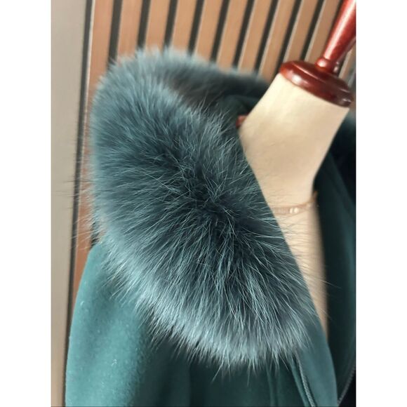 Anne Klein deep green wool coat with fox fur hood 100% wool & real fox fur sz L - Picture 9 of 9